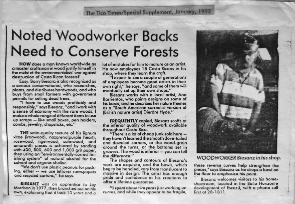 Tico Times 1992 Noted Woodworker Backs need to Conserve Forests